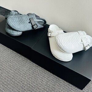 The Shoe Surgeon Mules (2 Pairs: Luxe White/Black Python) - Size 10M/11.5W